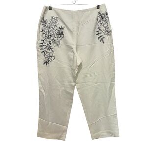 Alexandra Bartlett Women's Linen-Blend Pant Size 14 White Floral‎ Embroidered